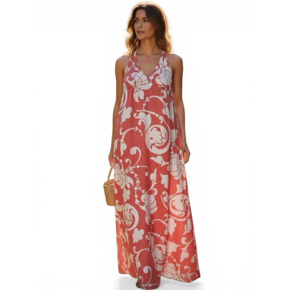 Old Navy Coral Pink and White Hawaiian Print Halter Maxi Dress, Women's Size M